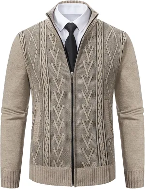 Jacket for Men's 2024 Trendy Ribbed Knit Cardigan Sweater Full Zipper Stand Collar Long Sleeves Soft Knitwear Tops