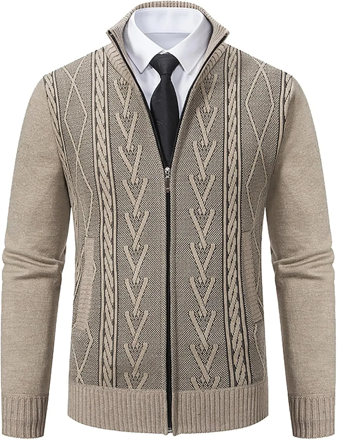 Jacket for Men's 2024 Trendy Ribbed Knit Cardigan Sweater Full Zipper Stand Collar Long Sleeves Soft Knitwear Tops