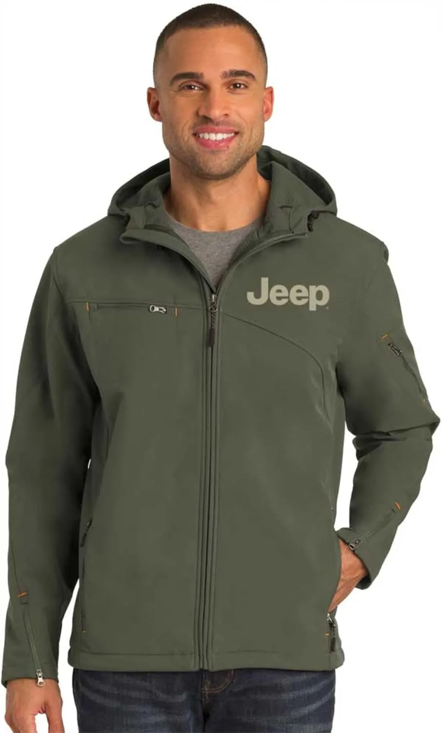 Jeep Heavy-Duty Hooded Soft Shell Jacket – Mineral Green, Water Resistant, Breathable Outdoor Wear for Off-Road & Adventure