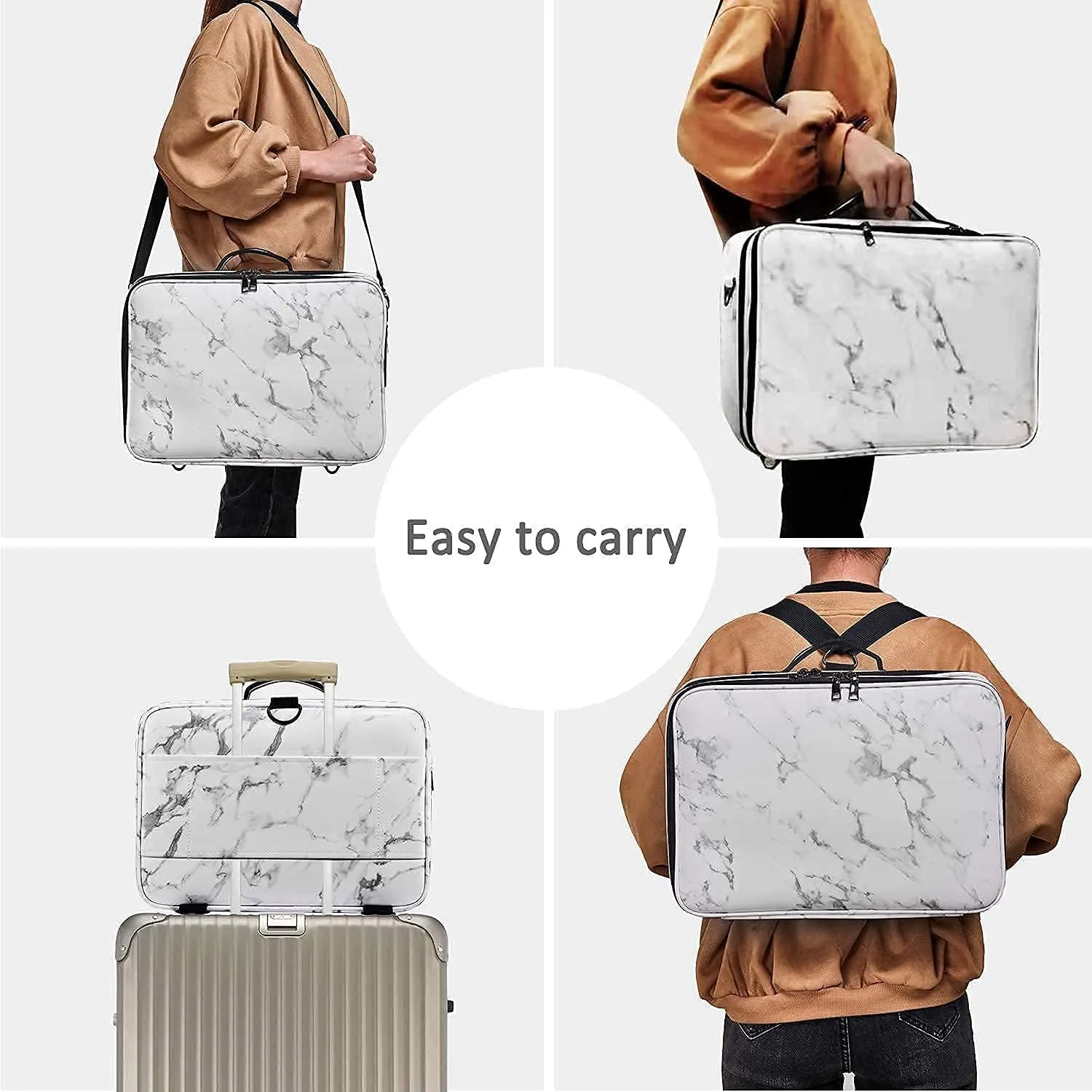 JOURMON Travel Makeup Case Portable Makeup Train Case Organizer Cosmetic Bag with Adjustable Dividers and Shoulder Strap for Makeup Brushes Toiletry Travel Accessories(Marble White Black, L)