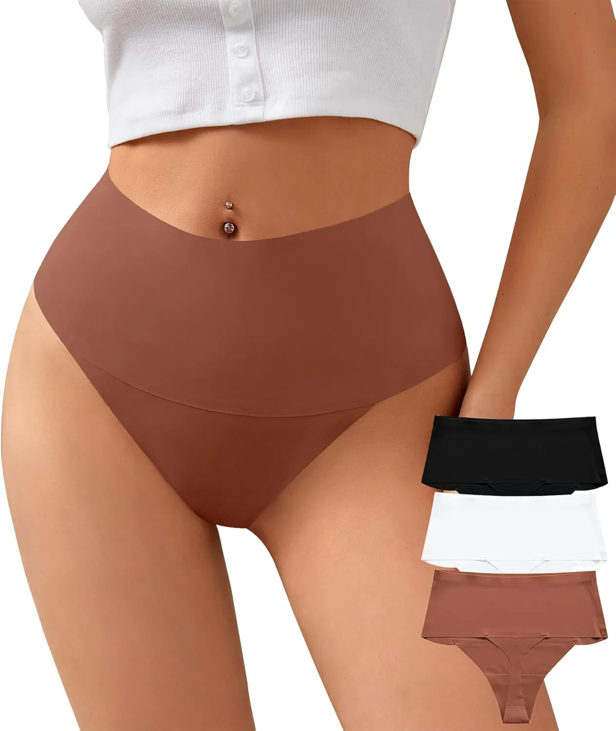 K-CHEONY Womens High Waisted Thongs No Show Panties Lightweight Soft Stretch High Cut Underwear 3 Pack