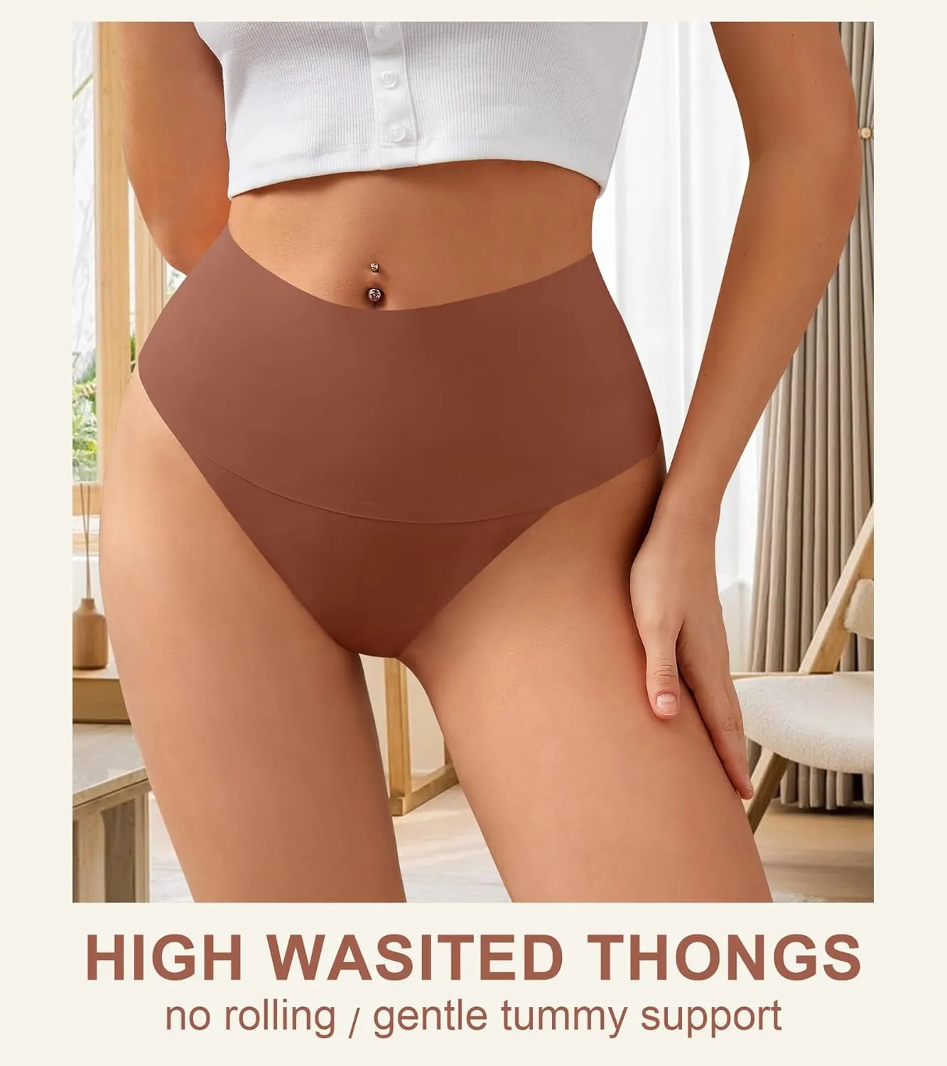 K-CHEONY Womens High Waisted Thongs No Show Panties Lightweight Soft Stretch High Cut Underwear 3 Pack