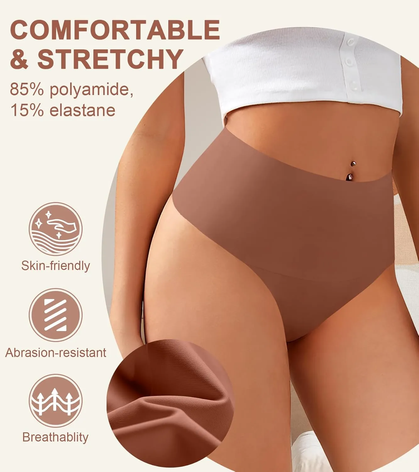 K-CHEONY Womens High Waisted Thongs No Show Panties Lightweight Soft Stretch High Cut Underwear 3 Pack