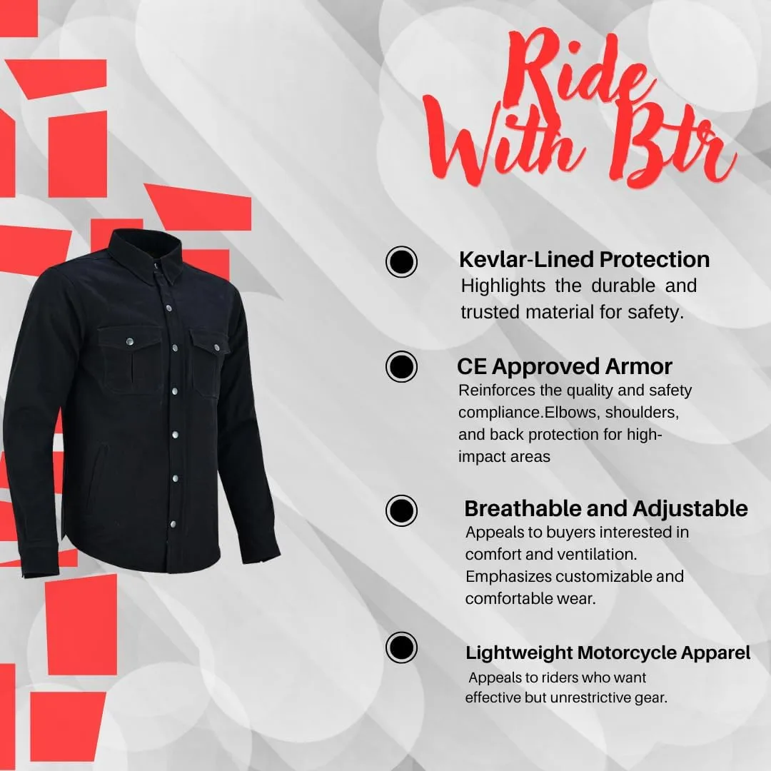 Kevlar Motorcycle Shirt Men – CE Armored Riding Flannel with Shoulder, Elbow & Back Protection – Summer Biker Gear