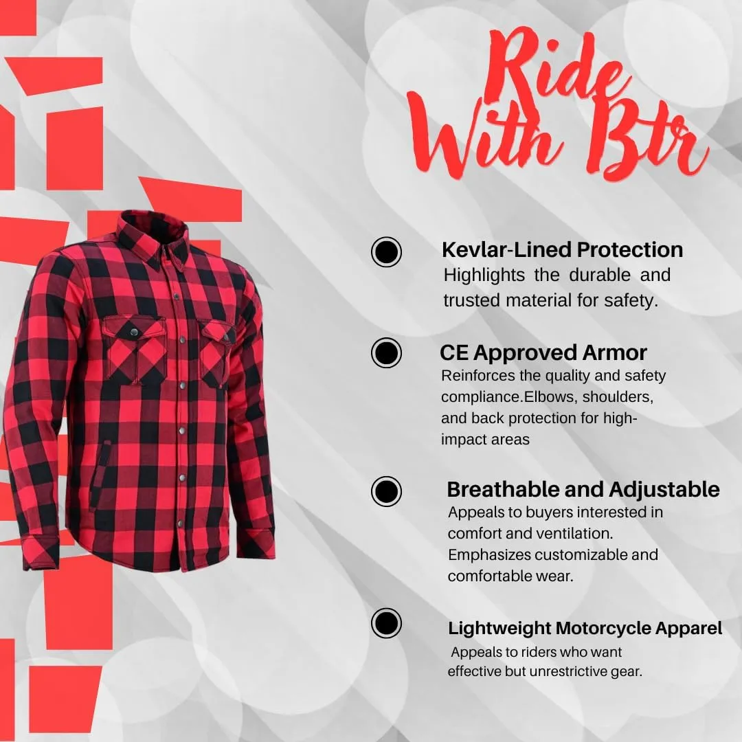Kevlar Motorcycle Shirt Men – CE Armored Riding Flannel with Shoulder, Elbow & Back Protection – Summer Biker Gear