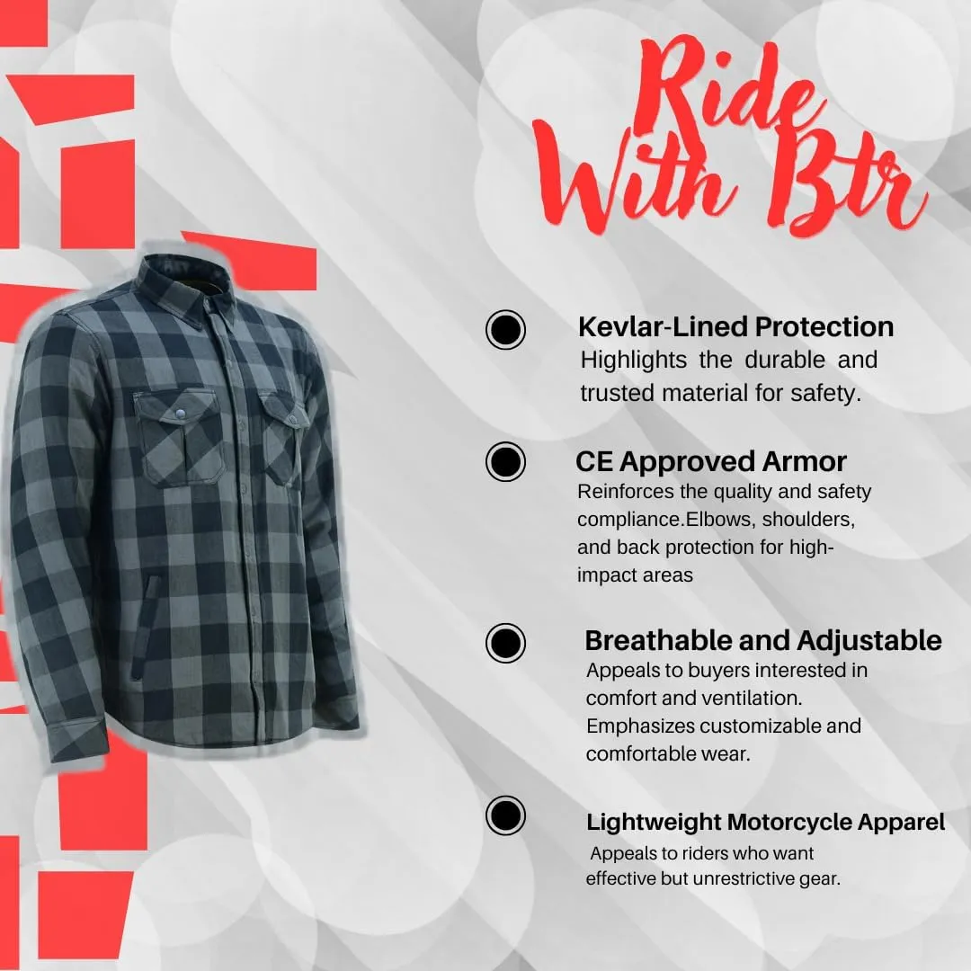 Kevlar Motorcycle Shirt Men – CE Armored Riding Flannel with Shoulder, Elbow & Back Protection – Summer Biker Gear