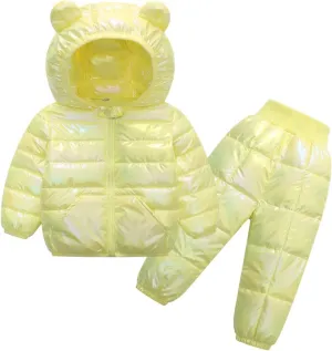 Kids Two Piece Winter Suit Baby Toddler Boy Girl Down Puffer Jackets Bear Hoods Down Coat and Pants Warm (B, 3-4 Years)