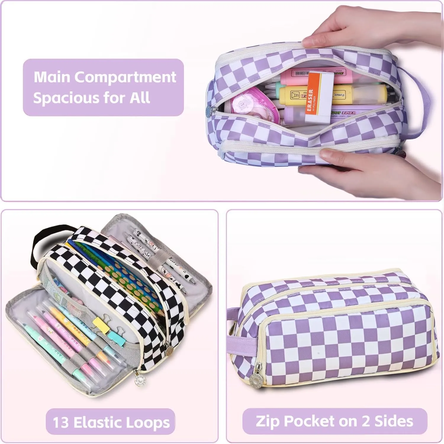 KITENROM Large Pencil Pouch Pen Case Pencils Holder Bag for Office Writing Stationery Supplies Bags Big Capacity Pens Organizer Travel Cosmetics Storage Purple Checked Plaid Accessories Not Included