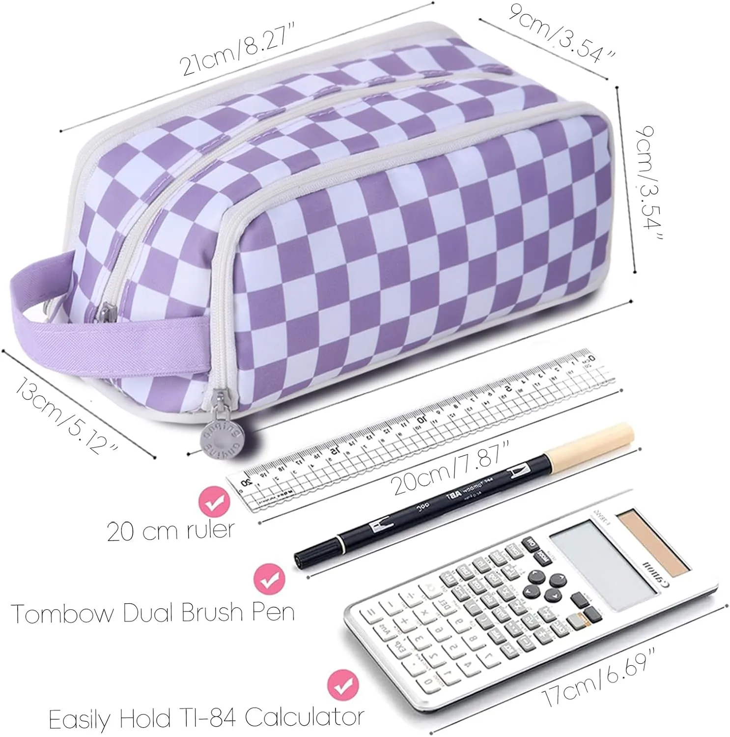 KITENROM Large Pencil Pouch Pen Case Pencils Holder Bag for Office Writing Stationery Supplies Bags Big Capacity Pens Organizer Travel Cosmetics Storage Purple Checked Plaid Accessories Not Included