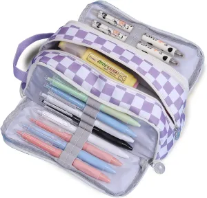KITENROM Large Pencil Pouch Pen Case Pencils Holder Bag for Office Writing Stationery Supplies Bags Big Capacity Pens Organizer Travel Cosmetics Storage Purple Checked Plaid Accessories Not Included