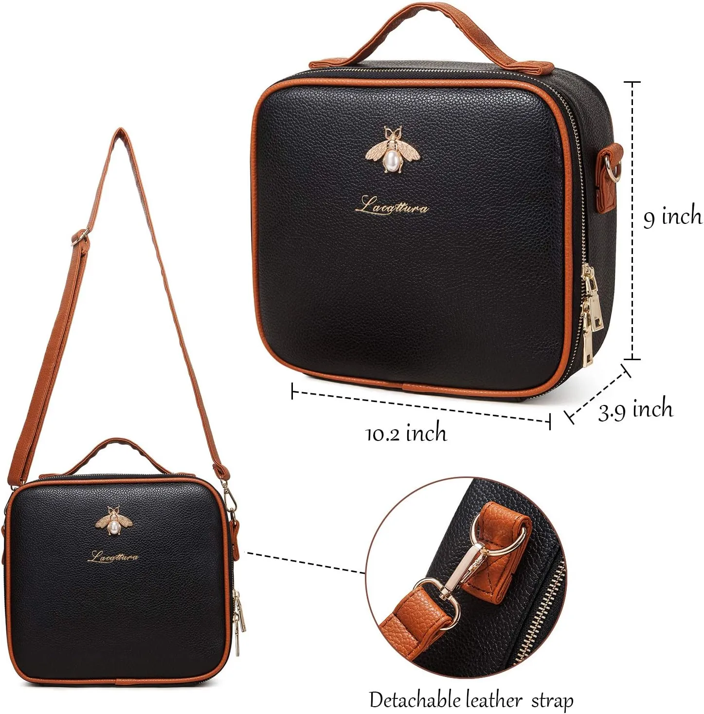 LACATTURA Travel Makeup bag, Leather Makeup Train Case Cosmetic Organizer for Makeup Brushes Toiletry Digital Accessories, Portable Artist Storage Bag With Shoulder Strap for Women lady Black