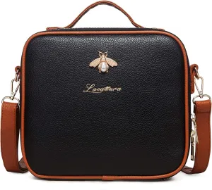 LACATTURA Travel Makeup bag, Leather Makeup Train Case Cosmetic Organizer for Makeup Brushes Toiletry Digital Accessories, Portable Artist Storage Bag With Shoulder Strap for Women lady Black