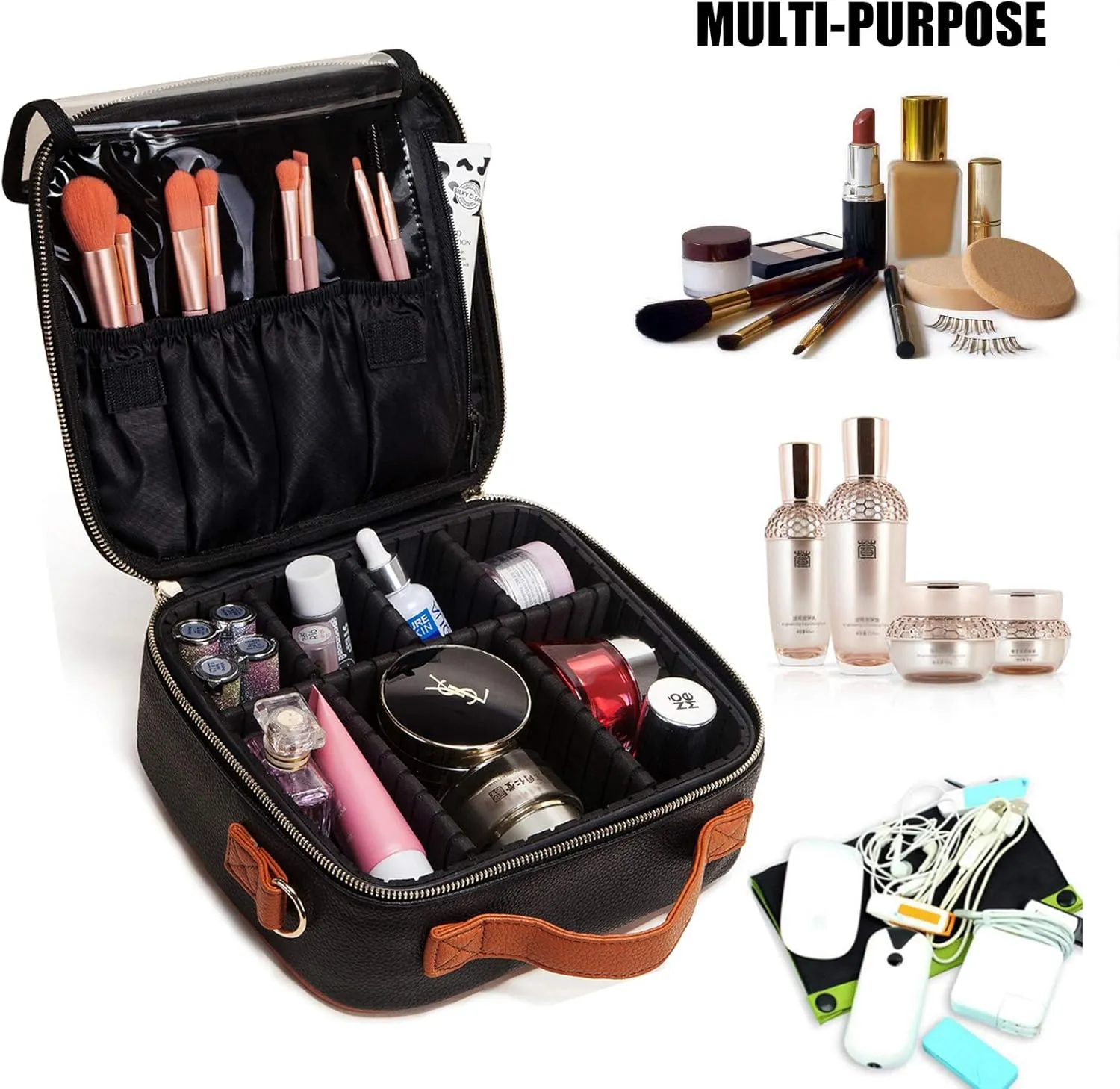 LACATTURA Travel Makeup bag, Leather Makeup Train Case Cosmetic Organizer for Makeup Brushes Toiletry Digital Accessories, Portable Artist Storage Bag With Shoulder Strap for Women lady Black