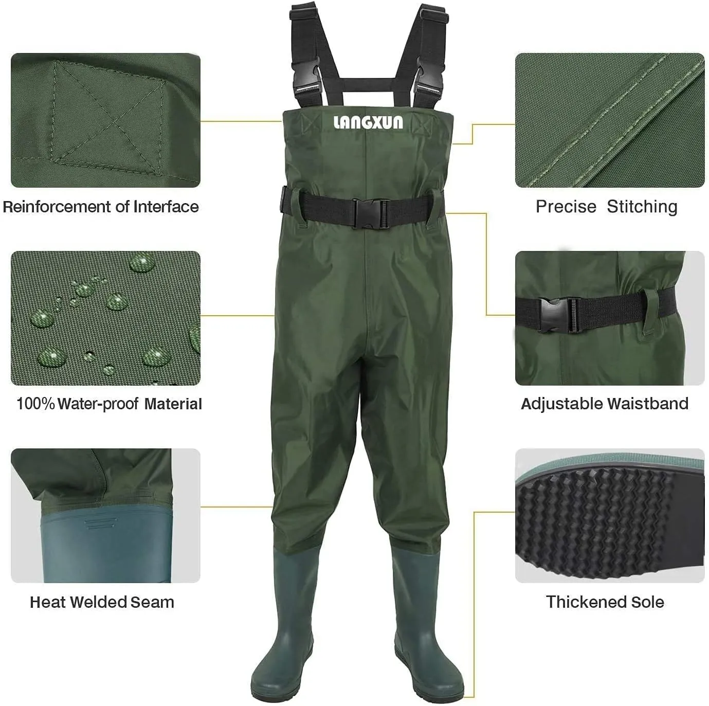 LANGXUN Chest Waders for Kids, PVC Fishing Waders for Toddler & Children, Waterproof Hutting Waders for Boys and Girls
