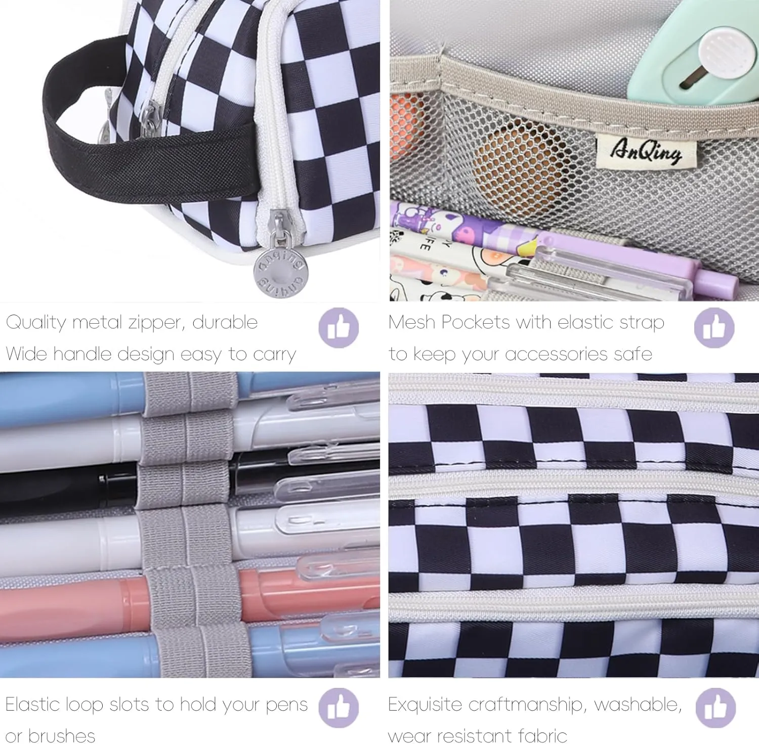 Large Pencil Pouch Pen Case Pencils Holder Bag for Office Writing Stationery Supplies Bags Big Capacity Pens Organizer Travel Cosmetics Storage Black White Checked Plaid Accessories Not Included