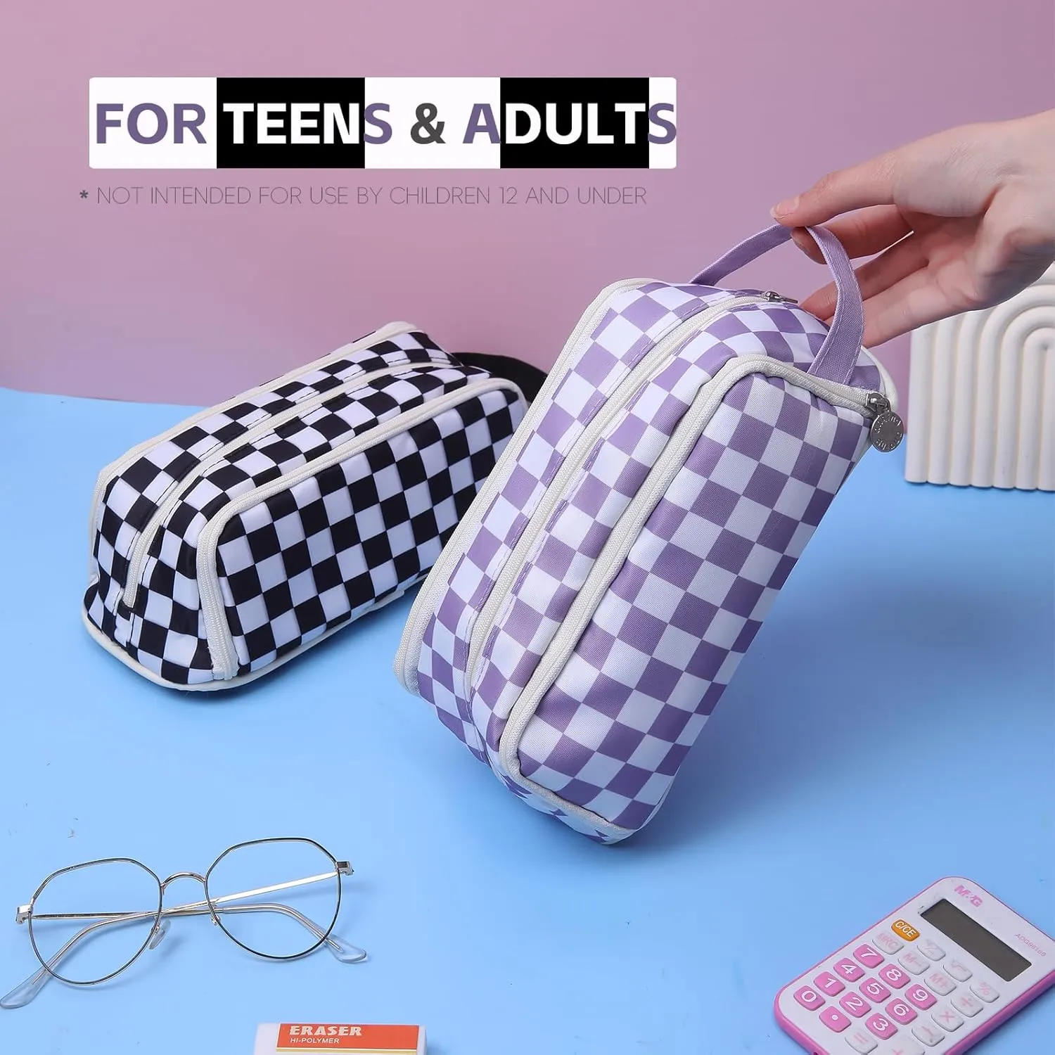 Large Pencil Pouch Pen Case Pencils Holder Bag for Office Writing Stationery Supplies Bags Big Capacity Pens Organizer Travel Cosmetics Storage Black White Checked Plaid Accessories Not Included