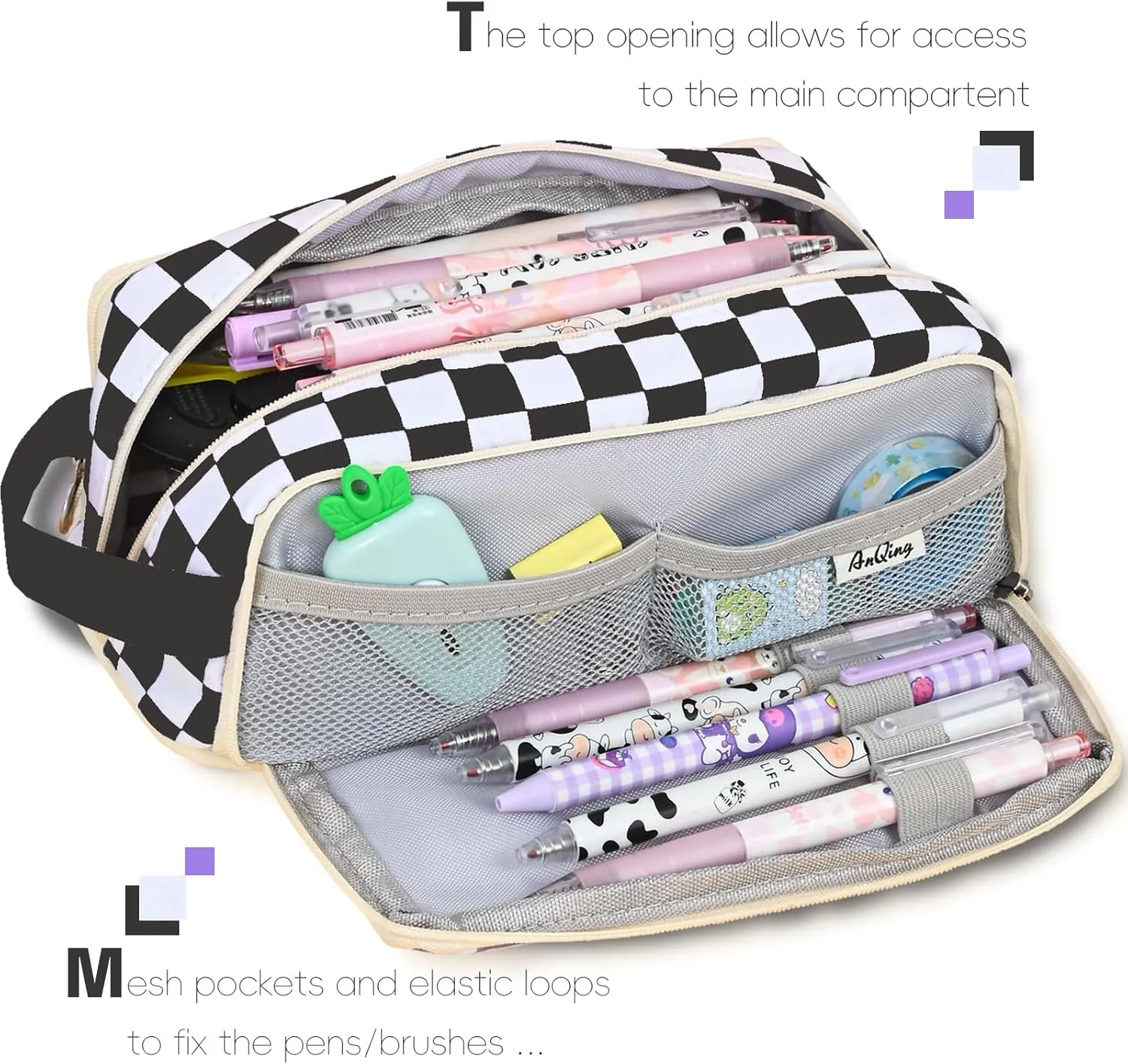Large Pencil Pouch Pen Case Pencils Holder Bag for Office Writing Stationery Supplies Bags Big Capacity Pens Organizer Travel Cosmetics Storage Black White Checked Plaid Accessories Not Included