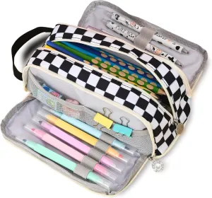 Large Pencil Pouch Pen Case Pencils Holder Bag for Office Writing Stationery Supplies Bags Big Capacity Pens Organizer Travel Cosmetics Storage Black White Checked Plaid Accessories Not Included
