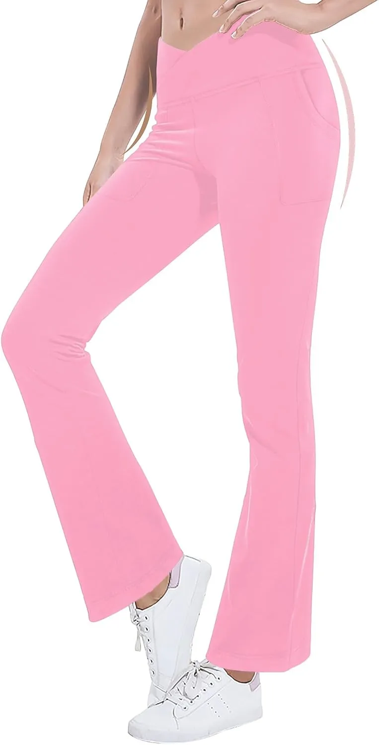Leggings with Pockets for Girls Solid Black Stretch High Waist Tummy Control Workout Dance Bootcut Yoga Pants
