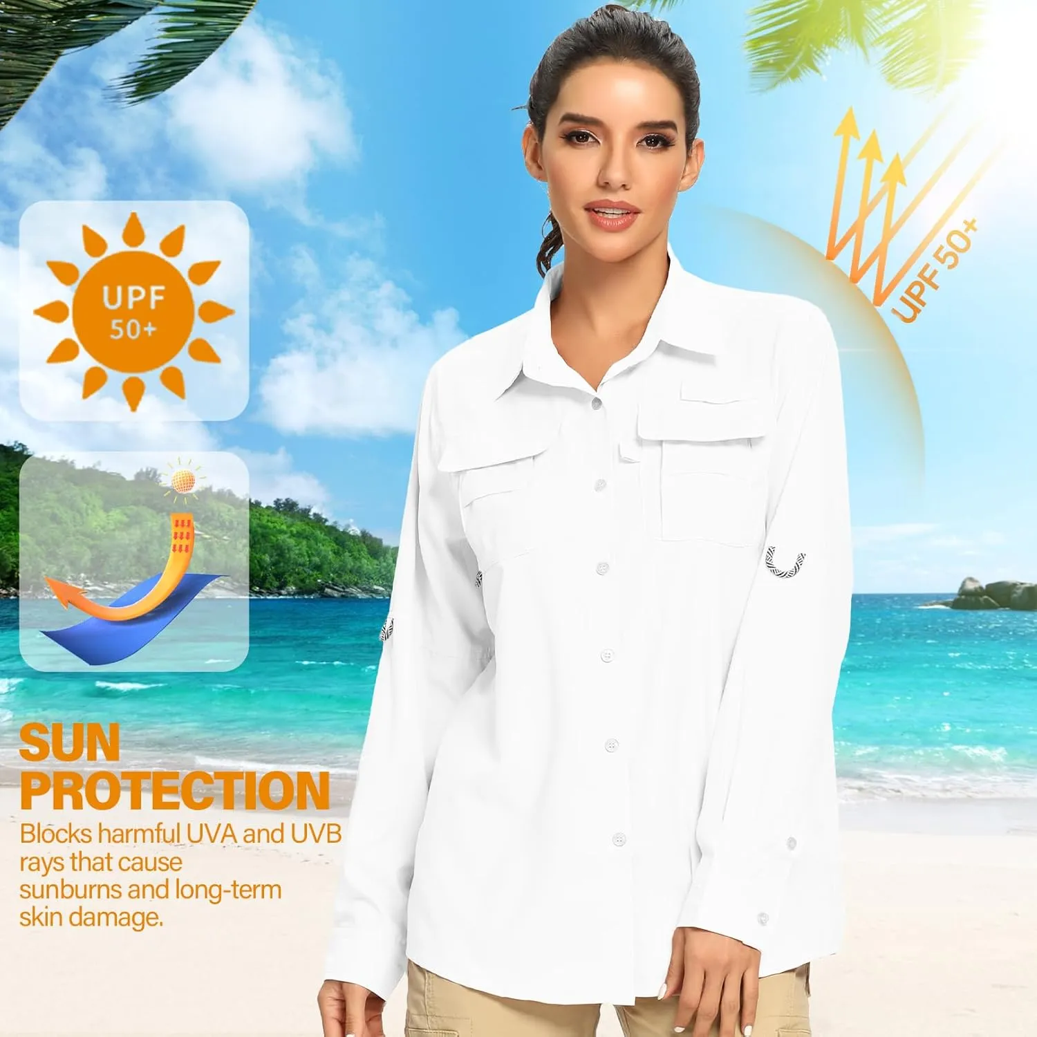 linlon Womens Safari Shirts Long Sleeve UV Protection Hiking Fishing UPF 50  Quick Dry Cooling Camping Travel Shirts
