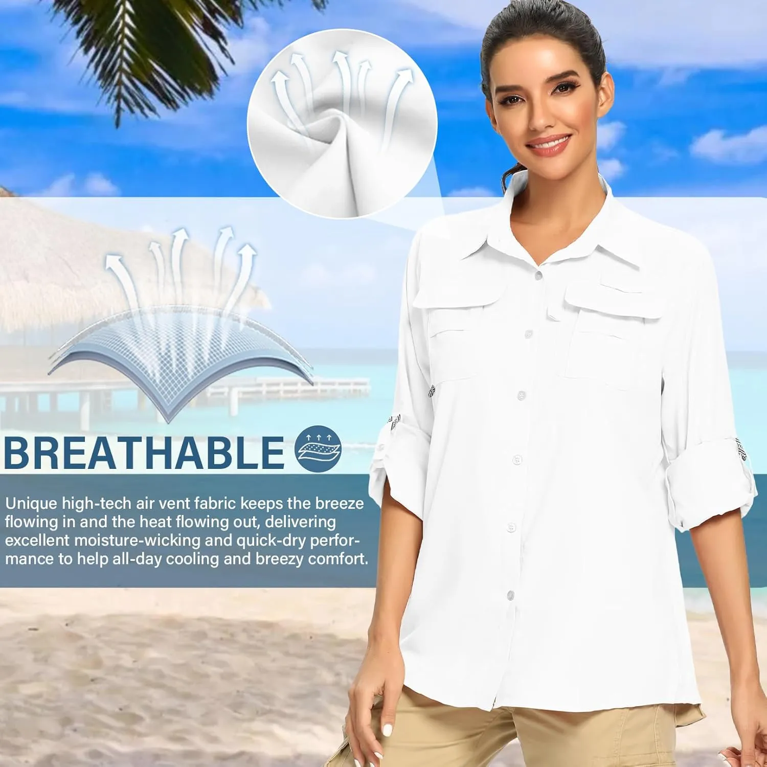 linlon Womens Safari Shirts Long Sleeve UV Protection Hiking Fishing UPF 50  Quick Dry Cooling Camping Travel Shirts