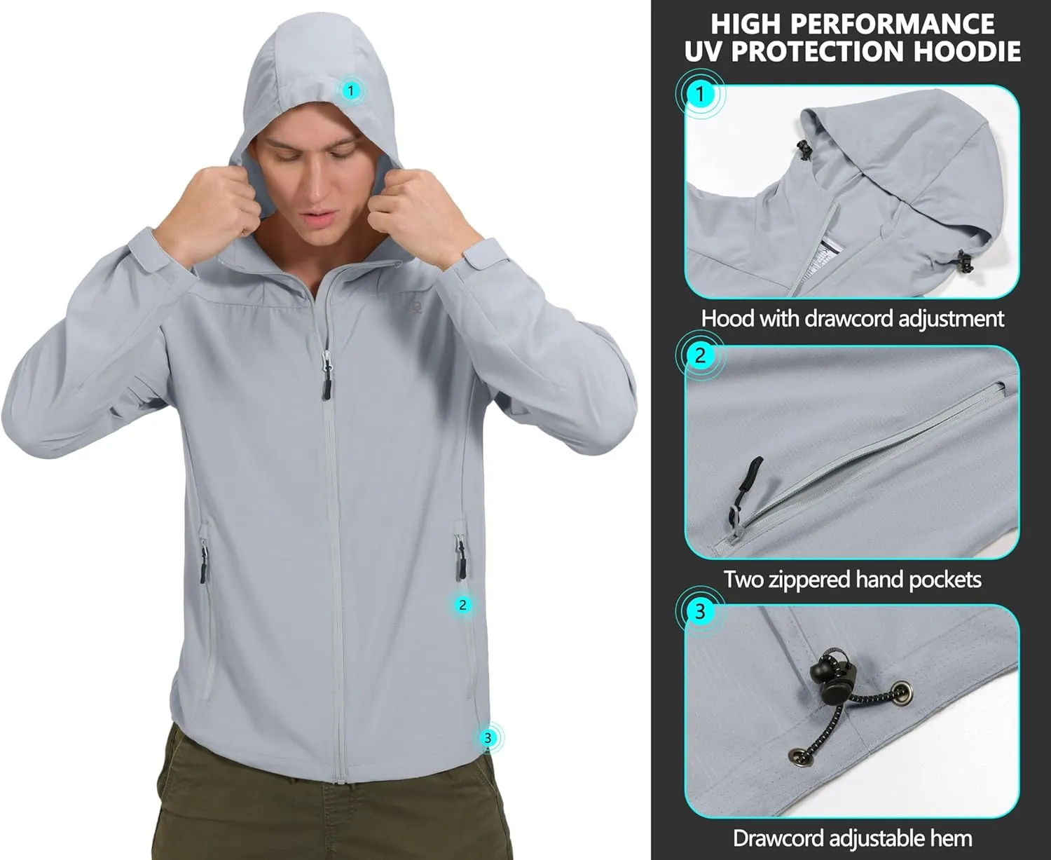 Little Donkey Andy Men's UPF 50  Sun Protection Jackets Stretch Breathable Hoodie Summer Shirts for Hiking