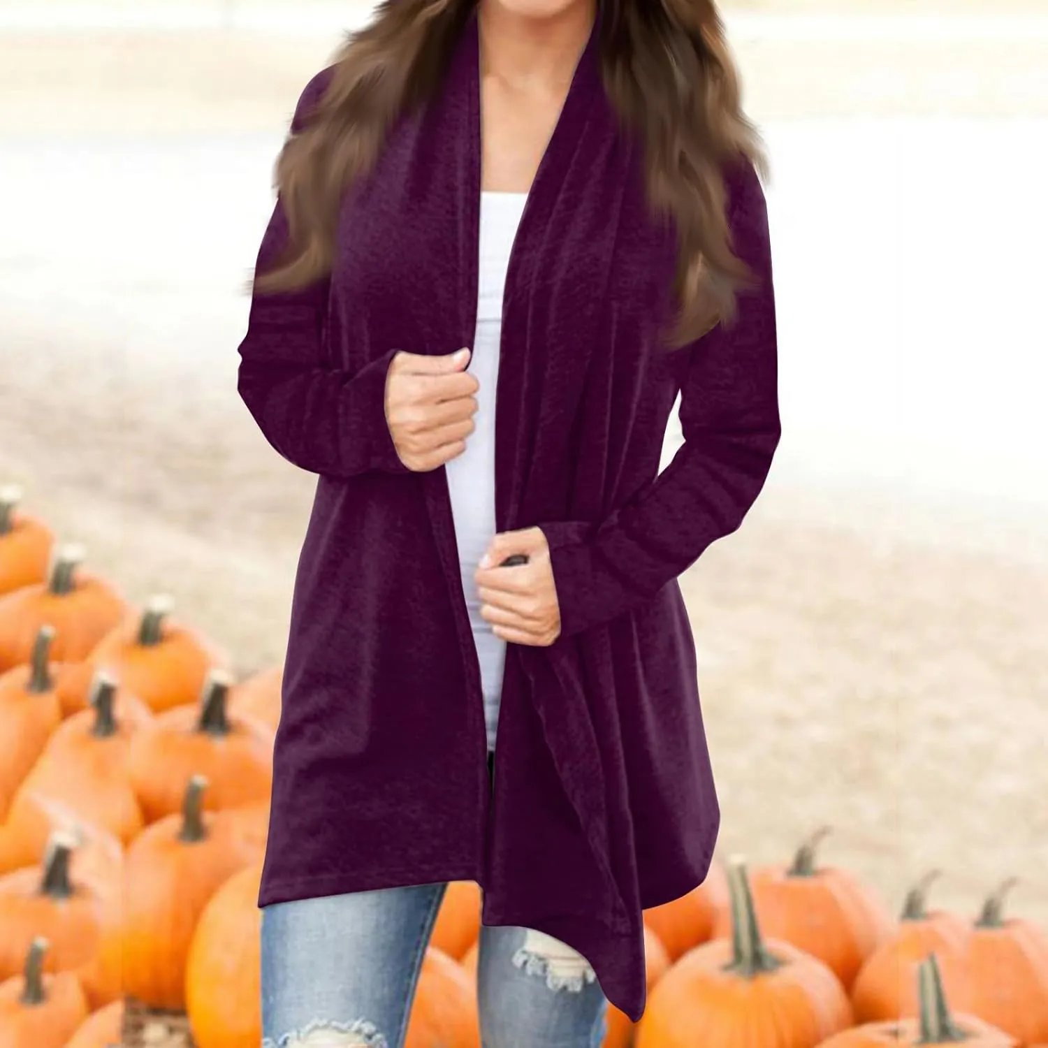 Long Sleeve Cardigan for Women Trendy Open Front Kimono Sweatshrits with Pockets Elastic Loose Fit Tunic Shirts