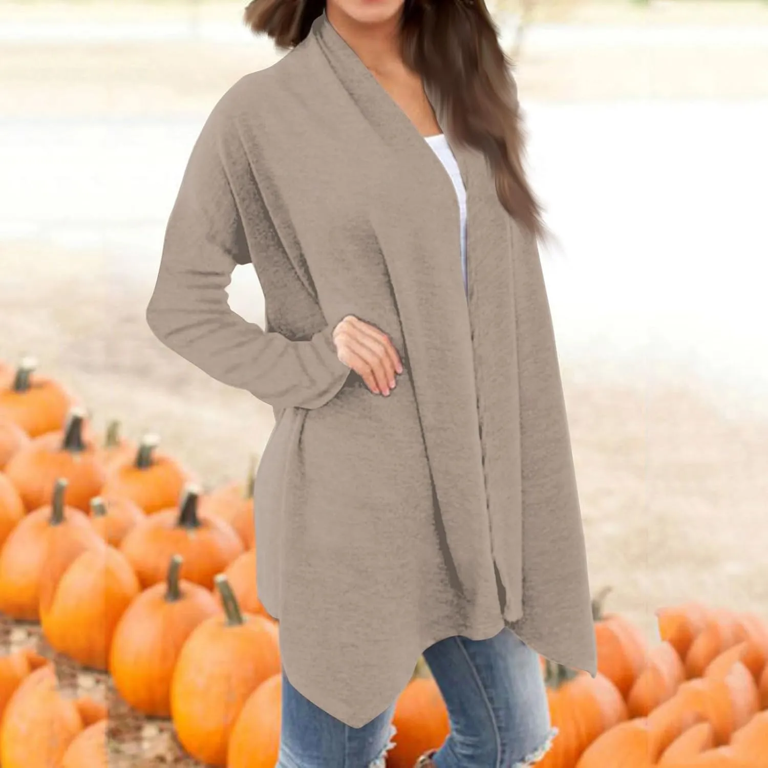 Long Sleeve Cardigan for Women Trendy Open Front Kimono Sweatshrits with Pockets Elastic Loose Fit Tunic Shirts