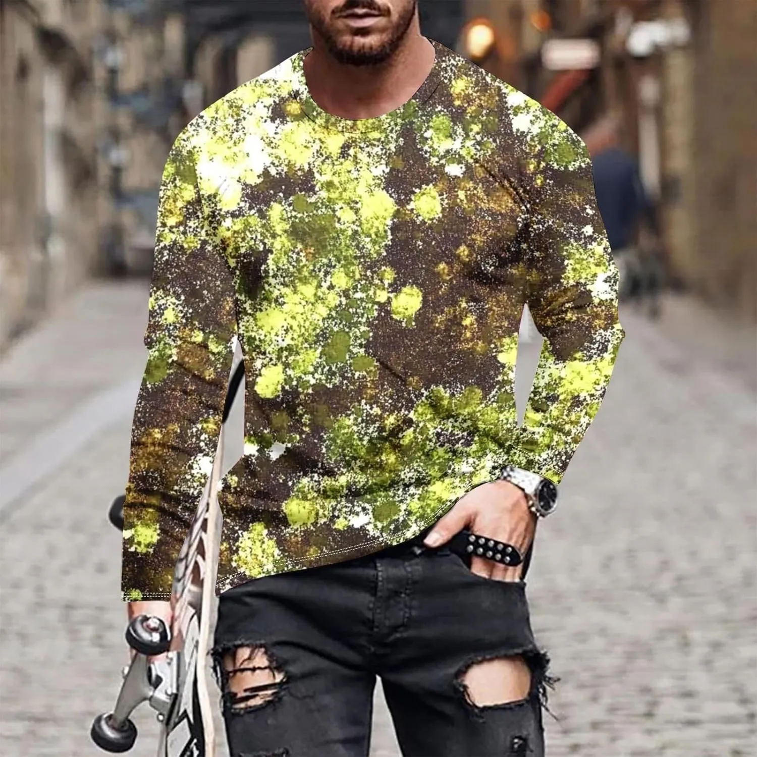 Long Sleeve Shirts for Men Camouflage Print Casual Stylish Workout Crewneck Cotton Sweatshirts Loose Fit Pullover Tees