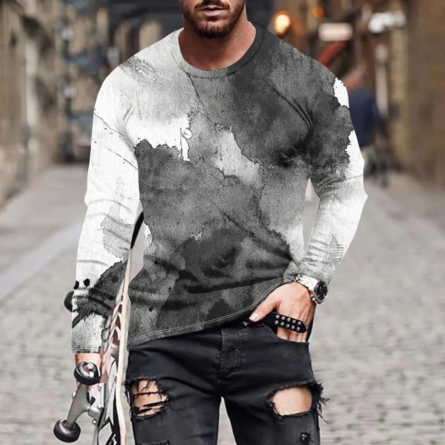 Long Sleeve Shirts for Men Camouflage Print Casual Stylish Workout Crewneck Cotton Sweatshirts Loose Fit Pullover Tees
