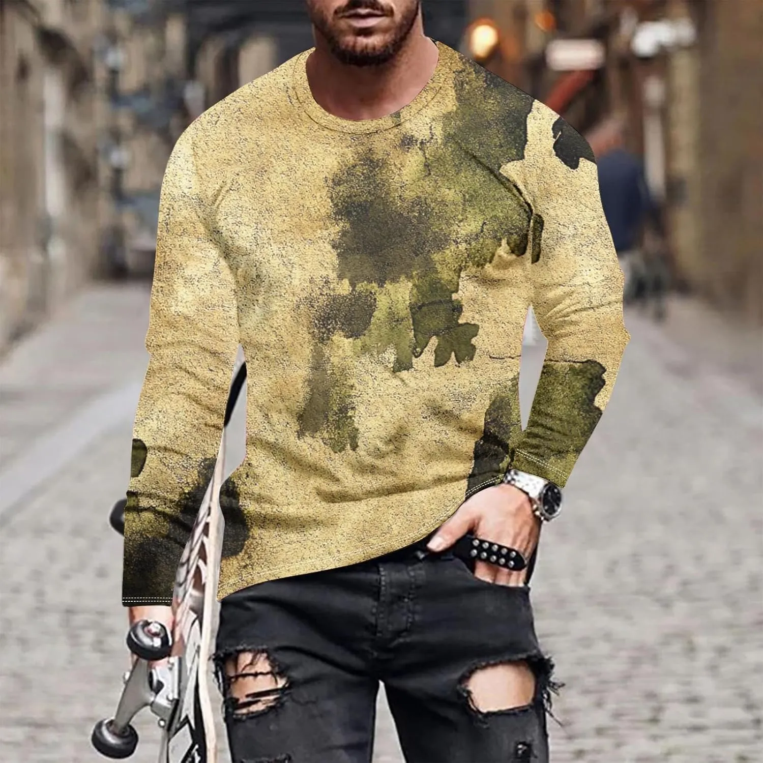 Long Sleeve Shirts for Men Camouflage Print Casual Stylish Workout Crewneck Cotton Sweatshirts Loose Fit Pullover Tees