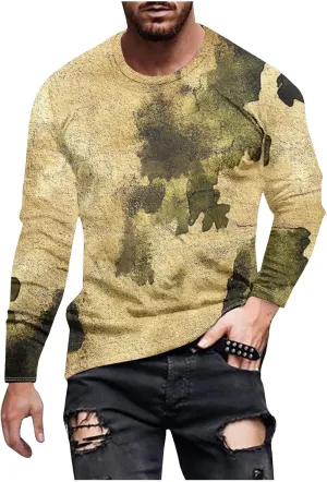Long Sleeve Shirts for Men Camouflage Print Casual Stylish Workout Crewneck Cotton Sweatshirts Loose Fit Pullover Tees