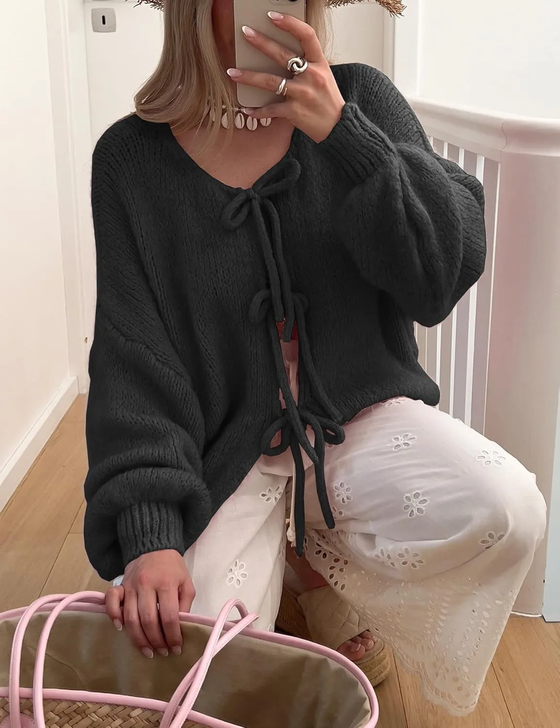 Lumister Cute Oversized Cardigan Sweaters for Women Y2K Long Sleeve V Neck Bow Tie Front Cadigan Knitwears Bow Tops