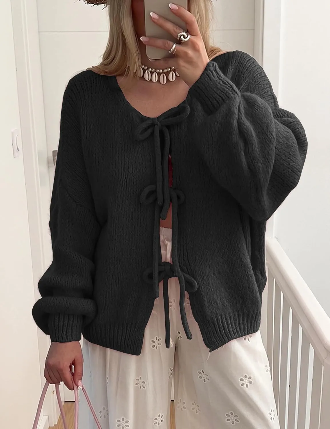 Lumister Cute Oversized Cardigan Sweaters for Women Y2K Long Sleeve V Neck Bow Tie Front Cadigan Knitwears Bow Tops