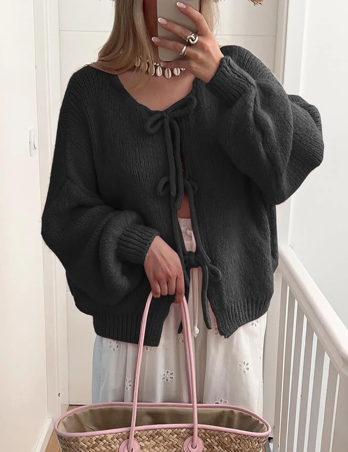 Lumister Cute Oversized Cardigan Sweaters for Women Y2K Long Sleeve V Neck Bow Tie Front Cadigan Knitwears Bow Tops