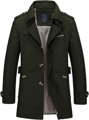 Lu's Chic Men's Slim Fit Trench Coat Short Military Single Breated Cotton Jacket Lightweight Outerwear Pocket