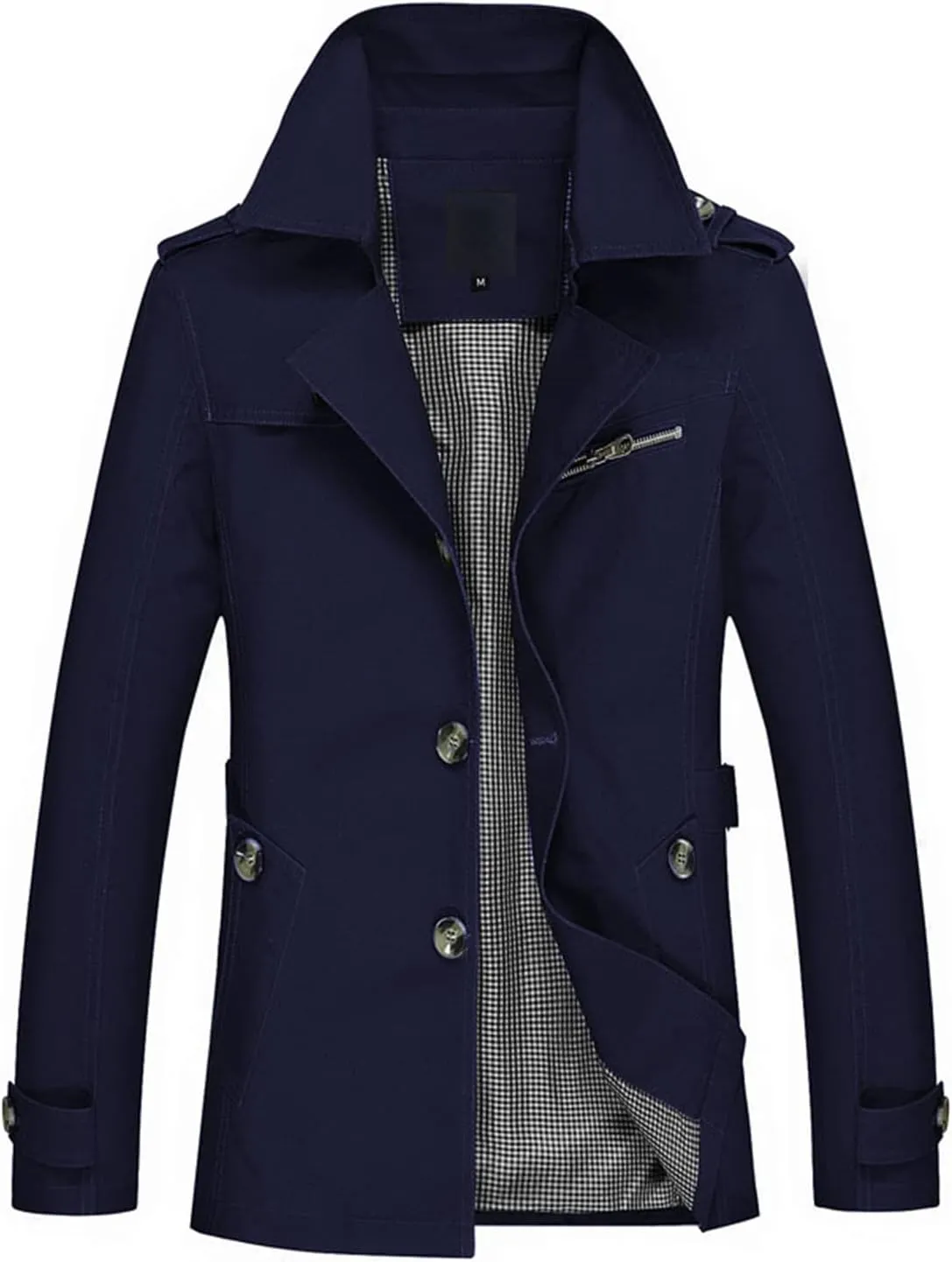 Lu's Chic Men's Slim Fit Trench Coat Short Military Single Breated Cotton Jacket Lightweight Outerwear Pocket
