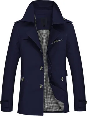 Lu's Chic Men's Slim Fit Trench Coat Short Military Single Breated Cotton Jacket Lightweight Outerwear Pocket