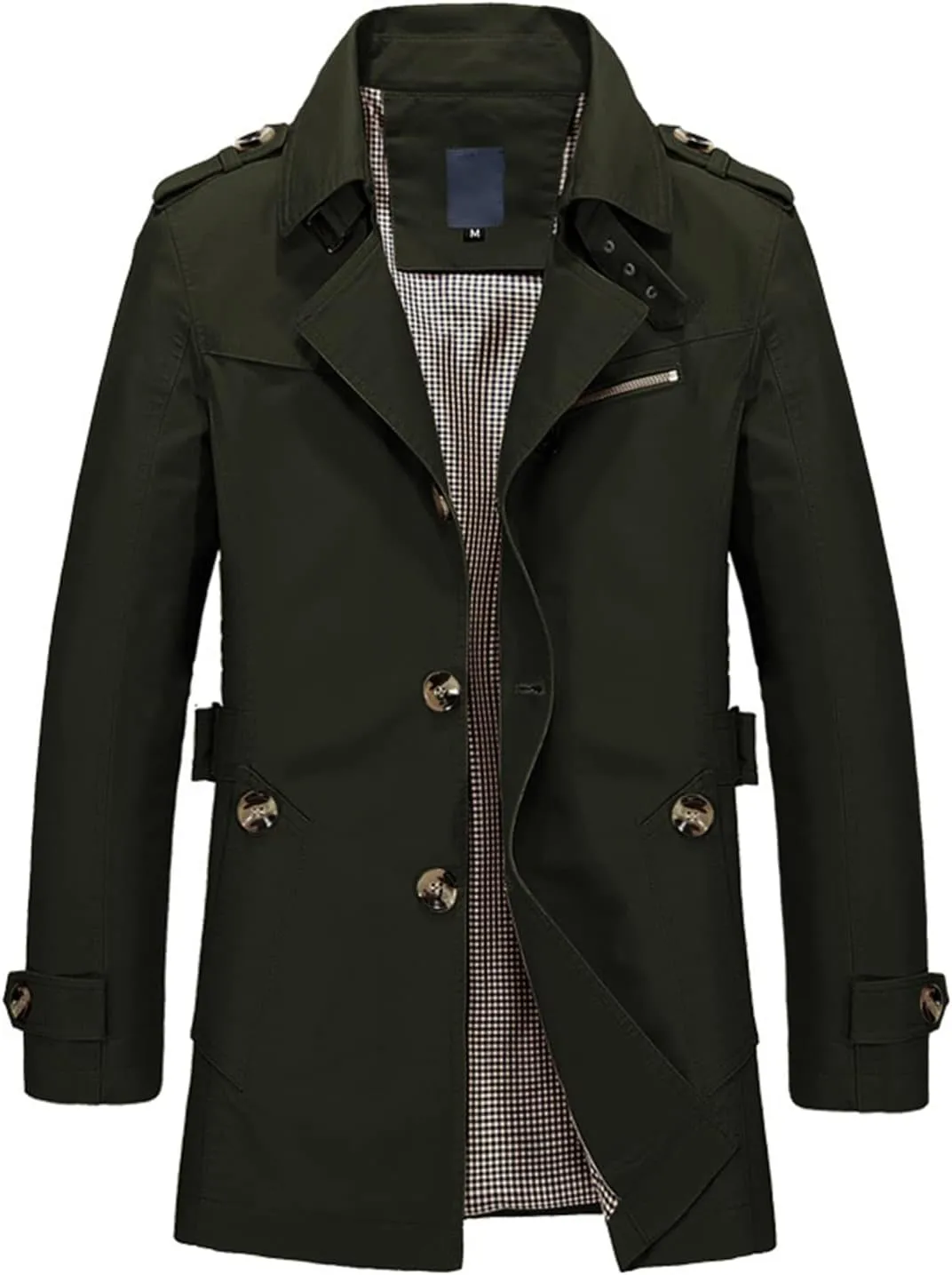 Lu's Chic Men's Slim Fit Trench Coat Short Military Single Breated Cotton Jacket Lightweight Outerwear Pocket