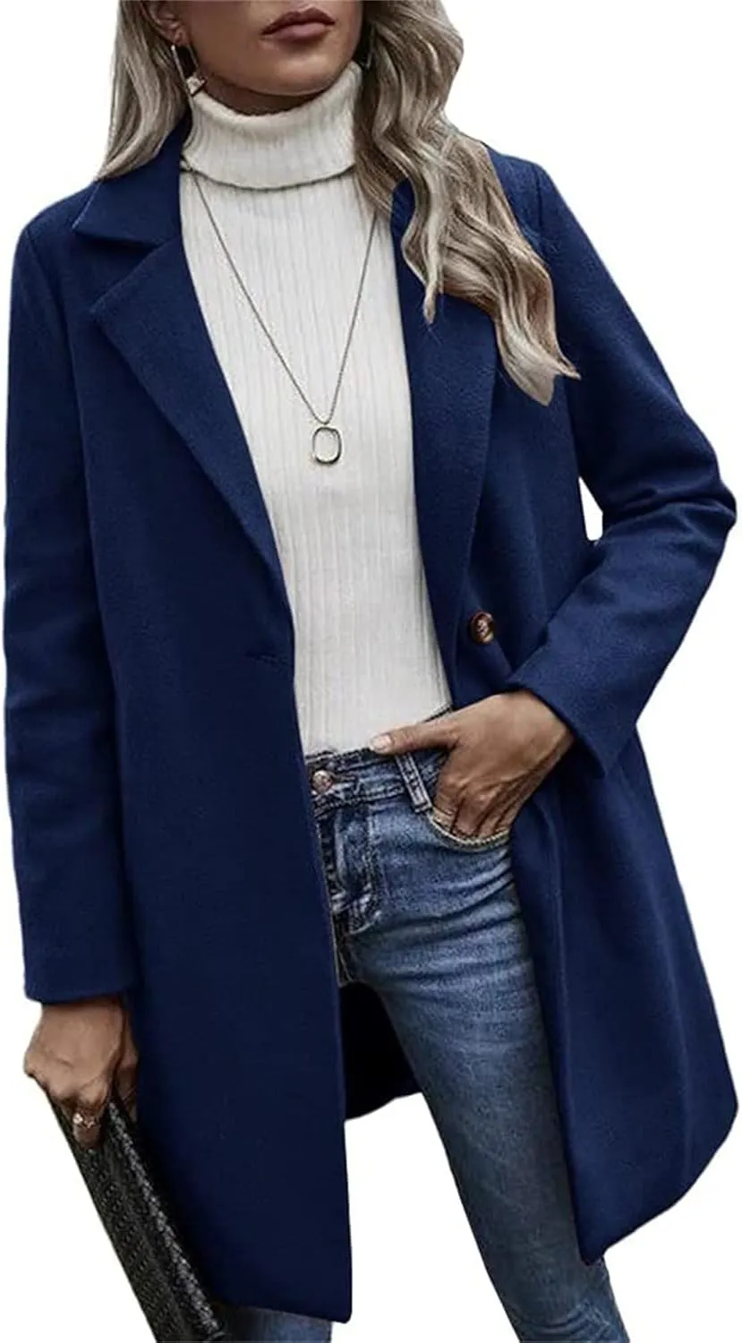 Maiyifu-GJ Women Notched Lapel Single Breasted Wool Trench Coats Casual Fall Winter Coat Wool Blend Overcoat Long Jackets