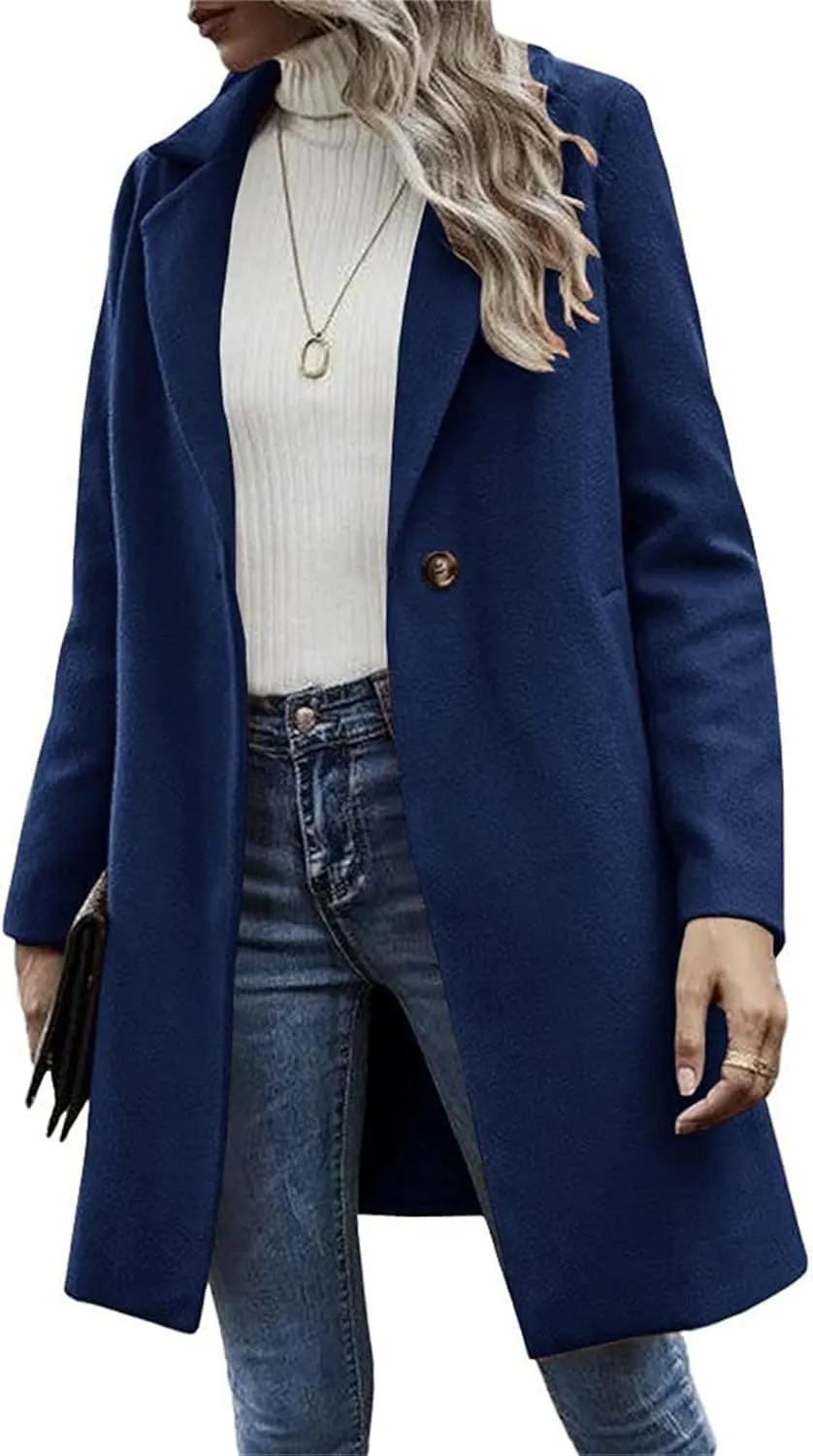 Maiyifu-GJ Women Notched Lapel Single Breasted Wool Trench Coats Casual Fall Winter Coat Wool Blend Overcoat Long Jackets
