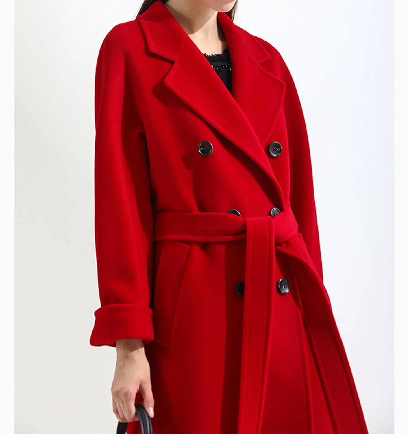 Maiyifu-GJ Women's Double Breasted Wool Blend Trench Coats Winter Elegant Notched Lapel Coat Mid Long Jacket Overcoat