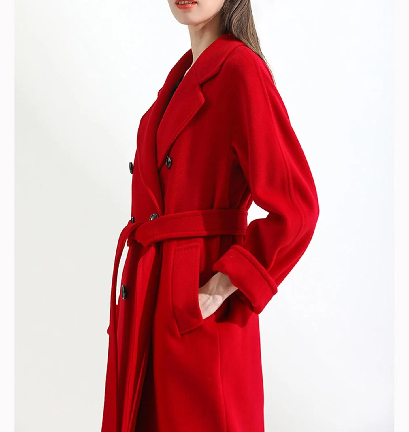 Maiyifu-GJ Women's Double Breasted Wool Blend Trench Coats Winter Elegant Notched Lapel Coat Mid Long Jacket Overcoat