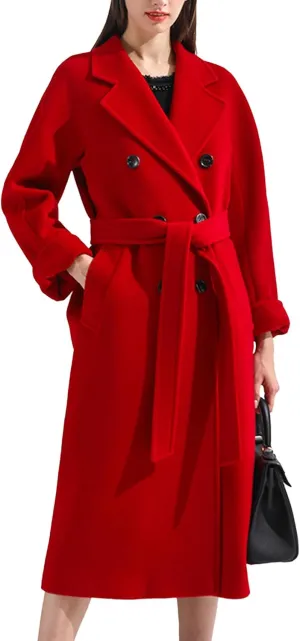Maiyifu-GJ Women's Double Breasted Wool Blend Trench Coats Winter Elegant Notched Lapel Coat Mid Long Jacket Overcoat