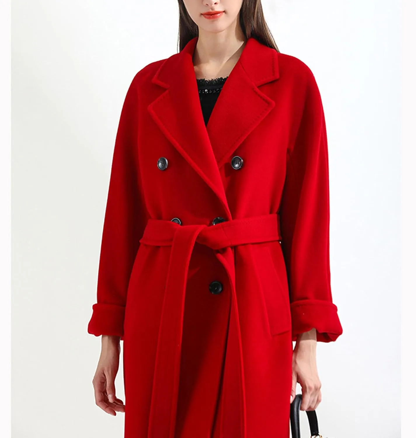 Maiyifu-GJ Women's Double Breasted Wool Blend Trench Coats Winter Elegant Notched Lapel Coat Mid Long Jacket Overcoat