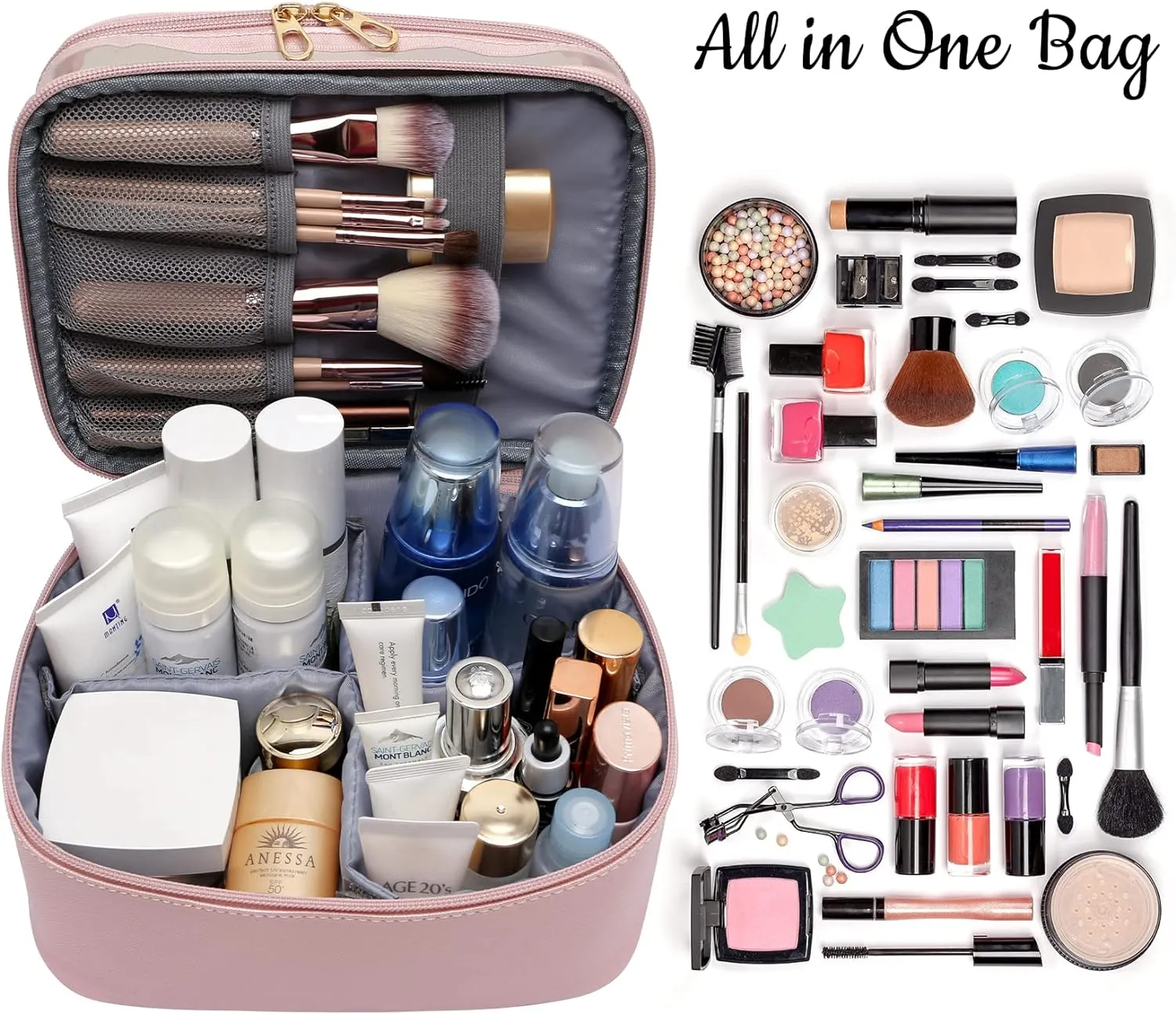 Makeup Bag,Leather Double Layer Large Makeups Organizer Bag,Travel Accessories Dorm Room Essentials Toiletry Bag for Women,Travel Essentials Cosmetic Bag Makeup Case,Mothers Day Gifts Graduation Gifts