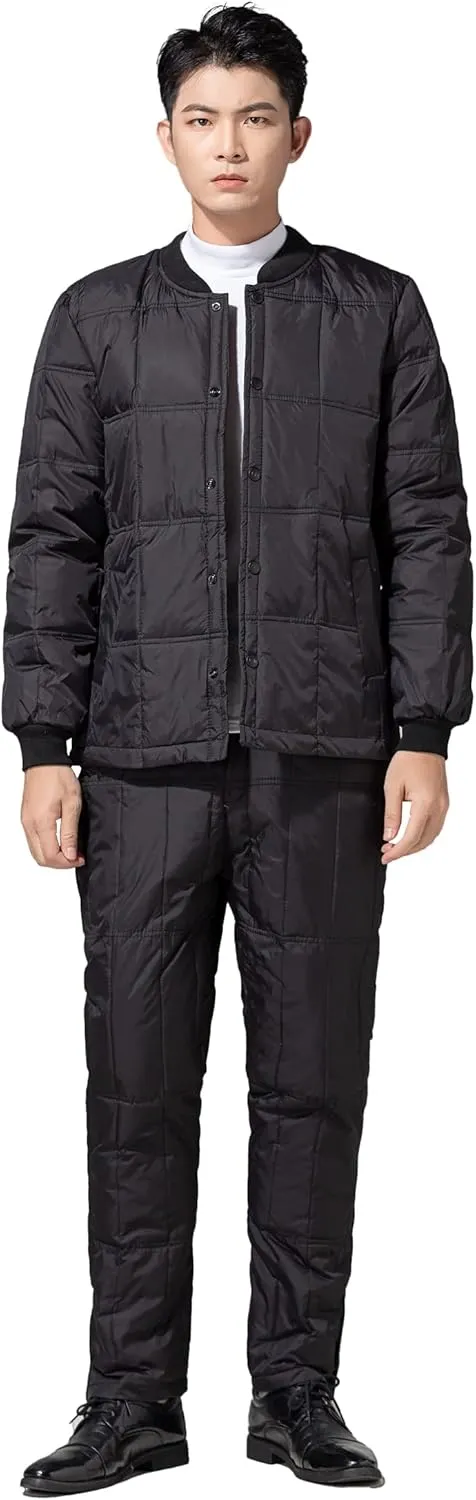 Men Down Thermal Underwear Set, Winter Thicken Warm Ultra Base Layer Top & Bottom (Black, XL)