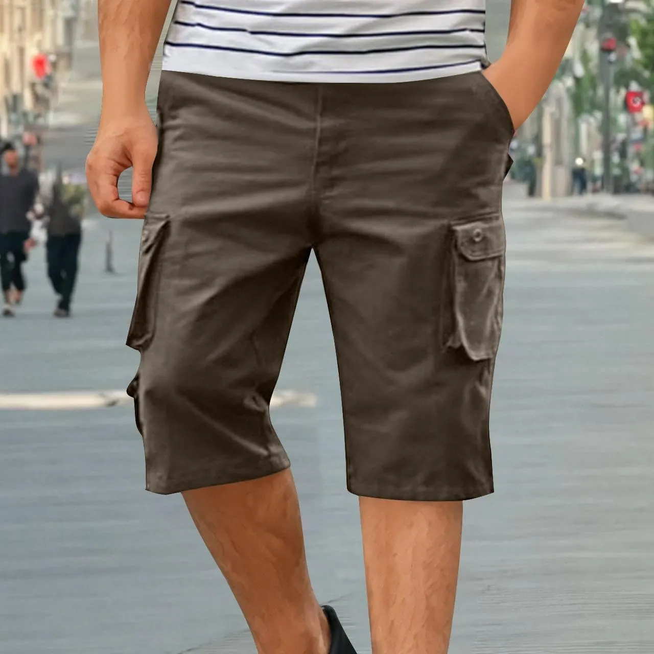Men's Athletic Gym Cargo Shorts Plus Size Solid Outdoor Wear Resistance Short with Multiple Pockets Knee Length Short