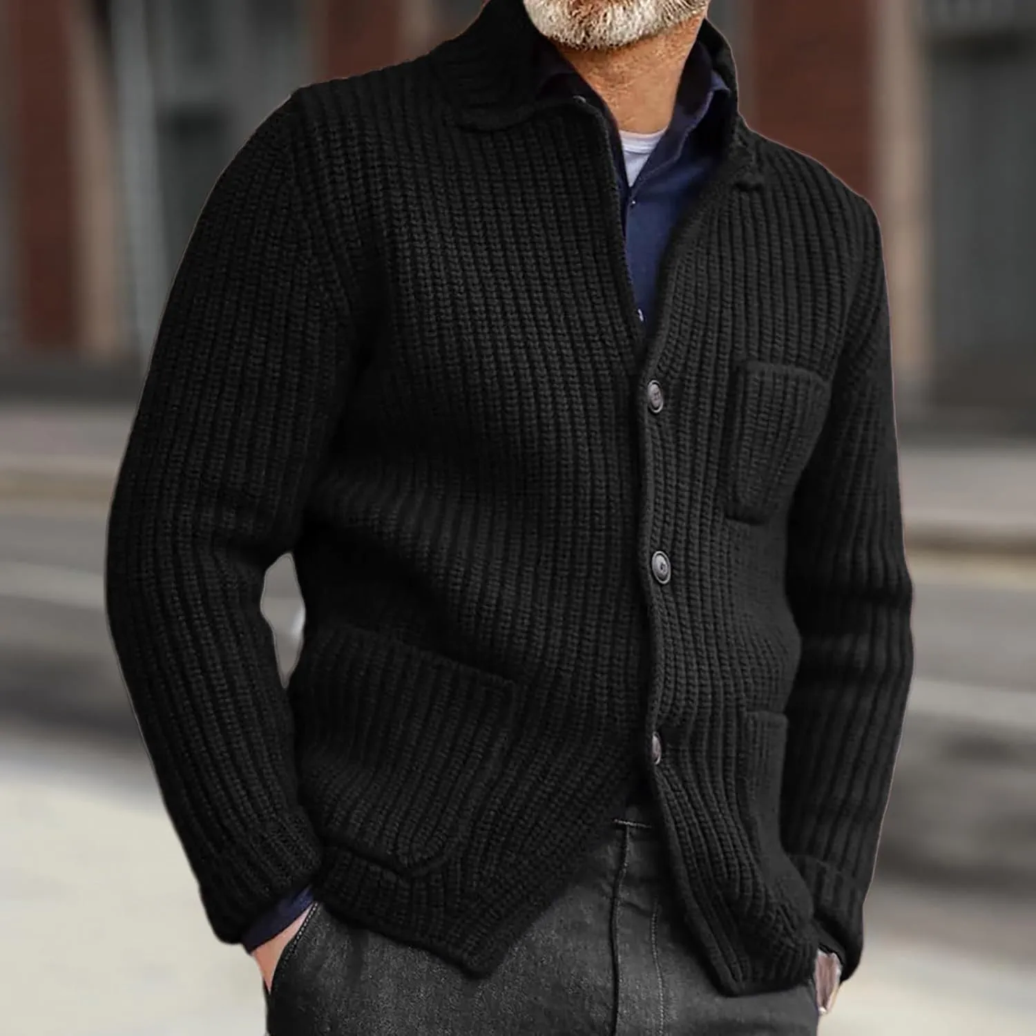 Mens Cable Knit Cardigan Sweater Button Down Casual Sweaters Ribbed Chunky Outwear with Pocket