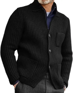 Mens Cable Knit Cardigan Sweater Button Down Casual Sweaters Ribbed Chunky Outwear with Pocket